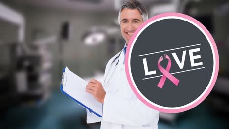 Animation-of-love-and-breast-cancer-awareness-ribbon-over-caucasian-male-doctor