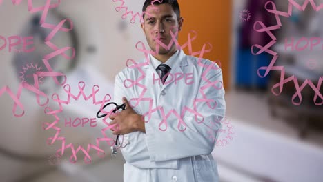 Animation-of-hope-breast-cancer-awareness-text-over-biracial-male-doctor