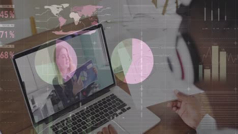 Animation-Von-Statistiken-Und-Datenverarbeitung-über-Eine-Kaukasische-Geschäftsfrau-Bei-Einem-Laptop-Videoanruf
