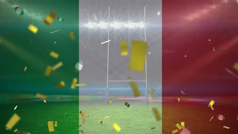 Goldenes-Konfetti-Und-Italienisch-Schwenkende-Flagge-über-Rugbybällen,-Die-Im-Hintergrund-Gegen-Das-Sportstadion-Fallen