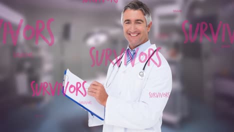 Animation-of-survivors-text-over-smiling-caucasian-male-doctor-with-clipboard