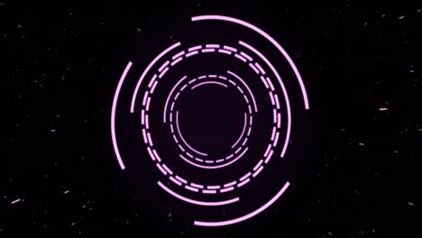 Animation-of-purple-circular-interfaces-pulsating-and-spinning-over-specks-on-black-background