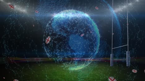 Animation-Des-Globus-über-Rugbybällen-Mit-Georgischer-Flagge-Im-Stadion