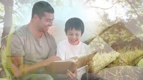 Animation-of-trees-over-biracial-man-and-his-son-reading-books