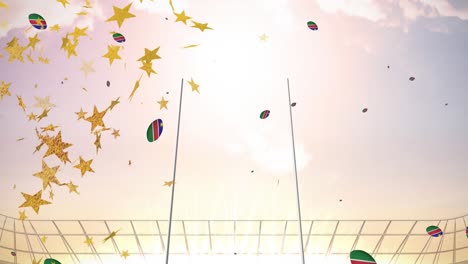 Animación-De-Estrellas-Sobre-Pelotas-De-Rugby-Coloreadas-Con-La-Bandera-De-Namibia-Cayendo-En-El-Estadio.