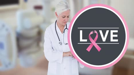 Animation-of-love-and-breast-cancer-awareness-ribbon-over-caucasian-female-doctor-with-tablet