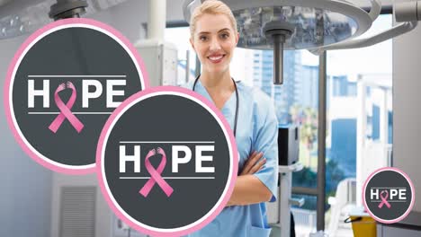 Animation-of-hope-and-breast-cancer-awareness-ribbons-over-caucasian-female-doctor