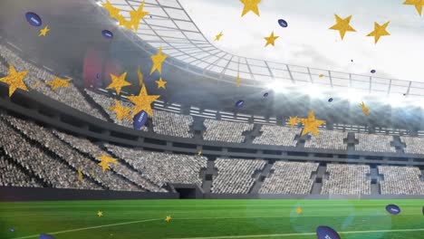 Animation-of-stars-over-rugby-balls-falling-with-france-text-at-stadium