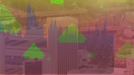 Animation-of-financial-data-processing-and-arrows-over-cityscape