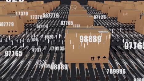 Animation-of-financial-data-processing-over-boxes-on-conveyor-belts