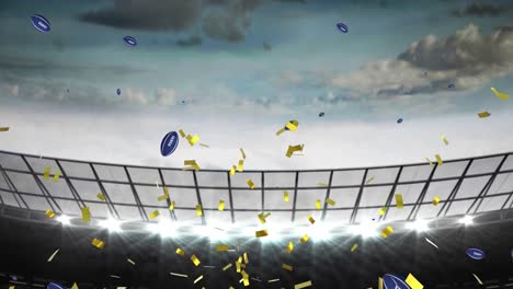 Animation-of-confetti-over-rugby-balls-falling-with-samoa-text-at-stadium