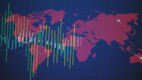 Animation-Der-Finanzdatenverarbeitung-über-Einer-Weltkarte-Auf-Schwarzem-Hintergrund