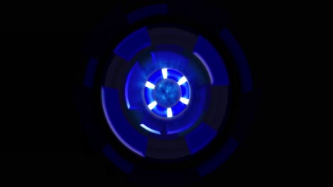 Animation-of-blue-circular-interfaces-spinning-over-black-background