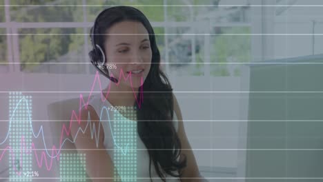 Animation-of-data-processing-over-smiling-caucasian-businesswoman-using-phone-headset