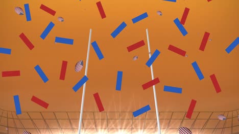 Animation-of-confetti-over-rugby-balls-coloured-with-american-flag-falling-at-stadium