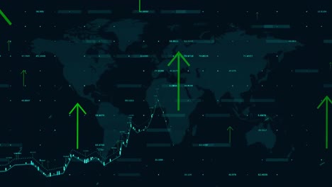 Animation-of-data-processing-and-world-map-with-arrows-on-black-background