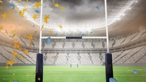 Animation-Von-Sternen-über-Rugbybällen,-Gefärbt-Mit-Der-Fidschi-Flagge,-Die-Im-Stadion-Fällt