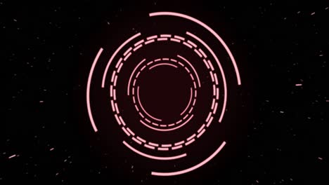 Animation-of-pink-circular-interfaces-pulsating-and-spinning-over-specks-on-black-background