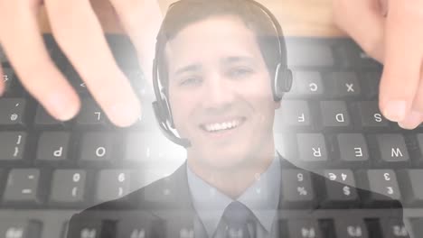 Animation-of-caucasian-man-with-phone-headset-over-hands-typing-on-keyboard
