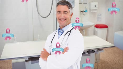 Animation-of-love-and-breast-cancer-awareness-ribbon-over-smiling-caucasian-male-doctor