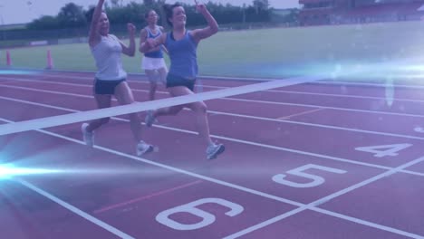 Animation-of-group-of-happy-diverse-female-runners-running-over-light-spots