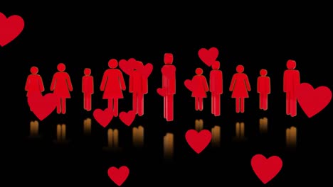 Animation-Roter-Herzen-über-Menschensymbolen-Auf-Schwarzem-Hintergrund