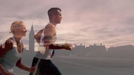 Animation-of-caucasian-male-and-female-runners-running-over-cityscape-of-london