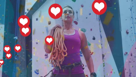 Animation-of-heart-icons-over-caucasian-woman-on-climbing-wall