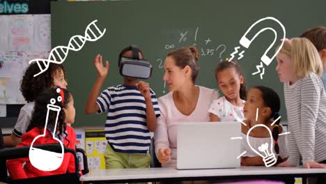 Animation-of-science-icons-over-caucasian-female-teacher-with-diverse-schoolchildren-with-vr-headset
