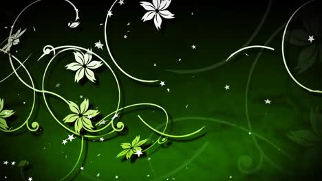Animation-of-stars-and-flowers-on-green-background
