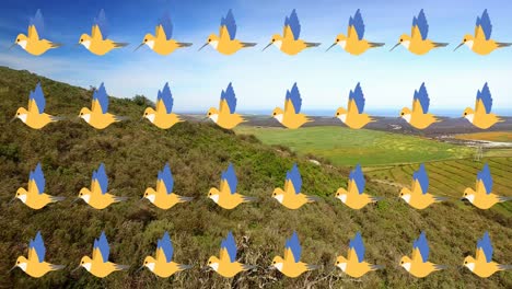 Animation-of-birds-icons-moving-over-landscape