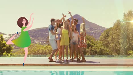 Animation-of-dancing-woman-icon-over-smiling-caucasian-group-of-friends-dancing-by-pool