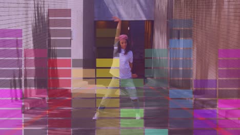 Animation-of-colourful-columns-moving-over-biracial-woman-dancing