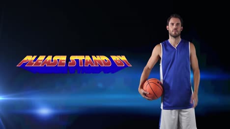 Please-stand-by-text-and-caucasian-male-basketball-player-with-basketball-against-blue-background