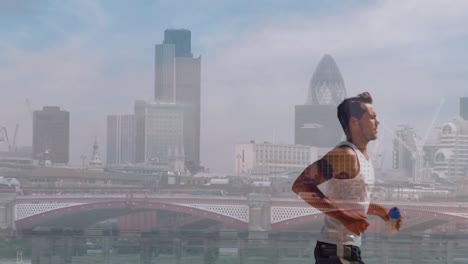 Animation-of-caucasian-male-runner-running-with-bottle-of-water-over-cityscape-of-london