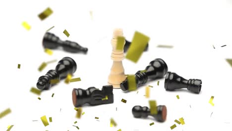 Animation-Von-Goldenem-Konfetti,-Das-über-Schachfiguren-Auf-Weißem-Hintergrund-Fällt