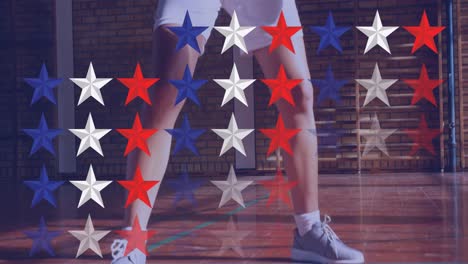 Star-icons-pattern-design-against-caucasian-female-basketball-player-practicing-basketball