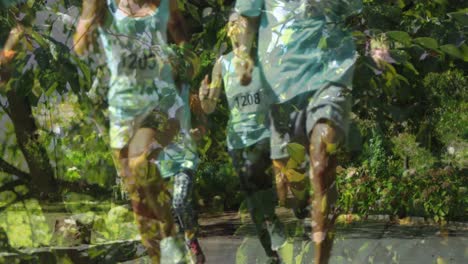 Animation-of-group-of-happy-caucasian-male-and-female-runners-in-park-over-leaves