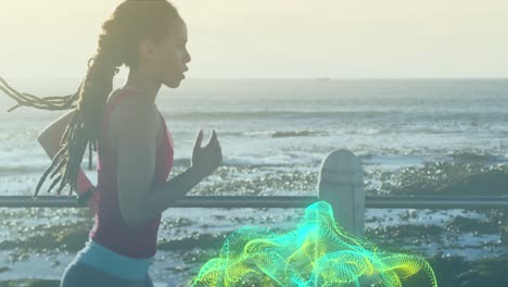 Neon-digital-wave-against-african-american-fit-woman-running-on-the-promenade