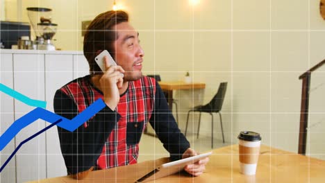 Animation-of-statistics-and-blue-lines-processing-over-asian-man-using-smartphone
