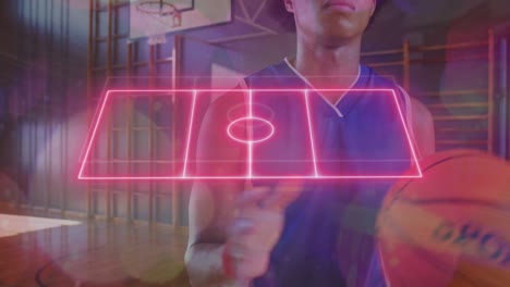 Neon-basketball-court-layout-against-african-american-male-basketball-player-practicing-basketball
