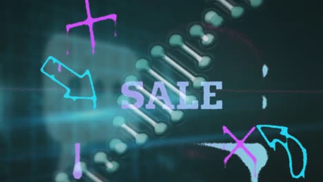 Animation-of-sale-text-over-icons-and-dna-strand-over-black-background