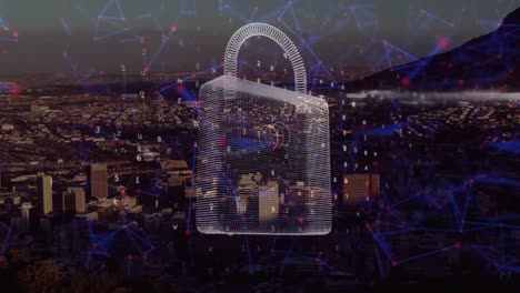 Animation-of-padlock-and-shapes-over-cityscape