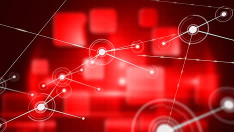 Animation-of-network-of-connections-over-shapes-on-red-background