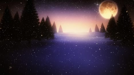 Animation-of-snow-falling-over-night-forest-winter-landscape