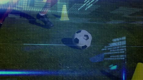 Animation-of-data-processing-over-diverse-male-soccer-players-playing-at-stadium