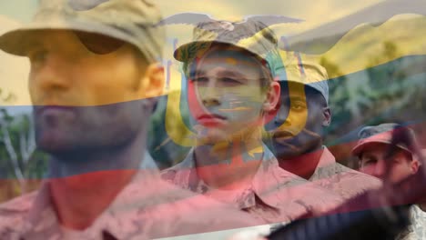 Animation-Der-Flagge-Ecuadors-über-Verschiedenen-Männlichen-Soldaten-Mit-Waffen