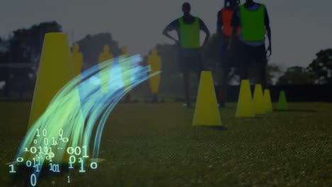 Animation-Der-Datenverarbeitung-über-Verschiedene-Männliche-Fußballspieler,-Die-Im-Stadion-Trainieren