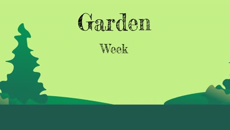 Animation-of-landscape-with-trees-and-garden-week-text-on-green-background