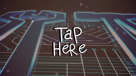Animation-of-tap-here-text-over-computer-circuit-board-and-icons-on-black-background